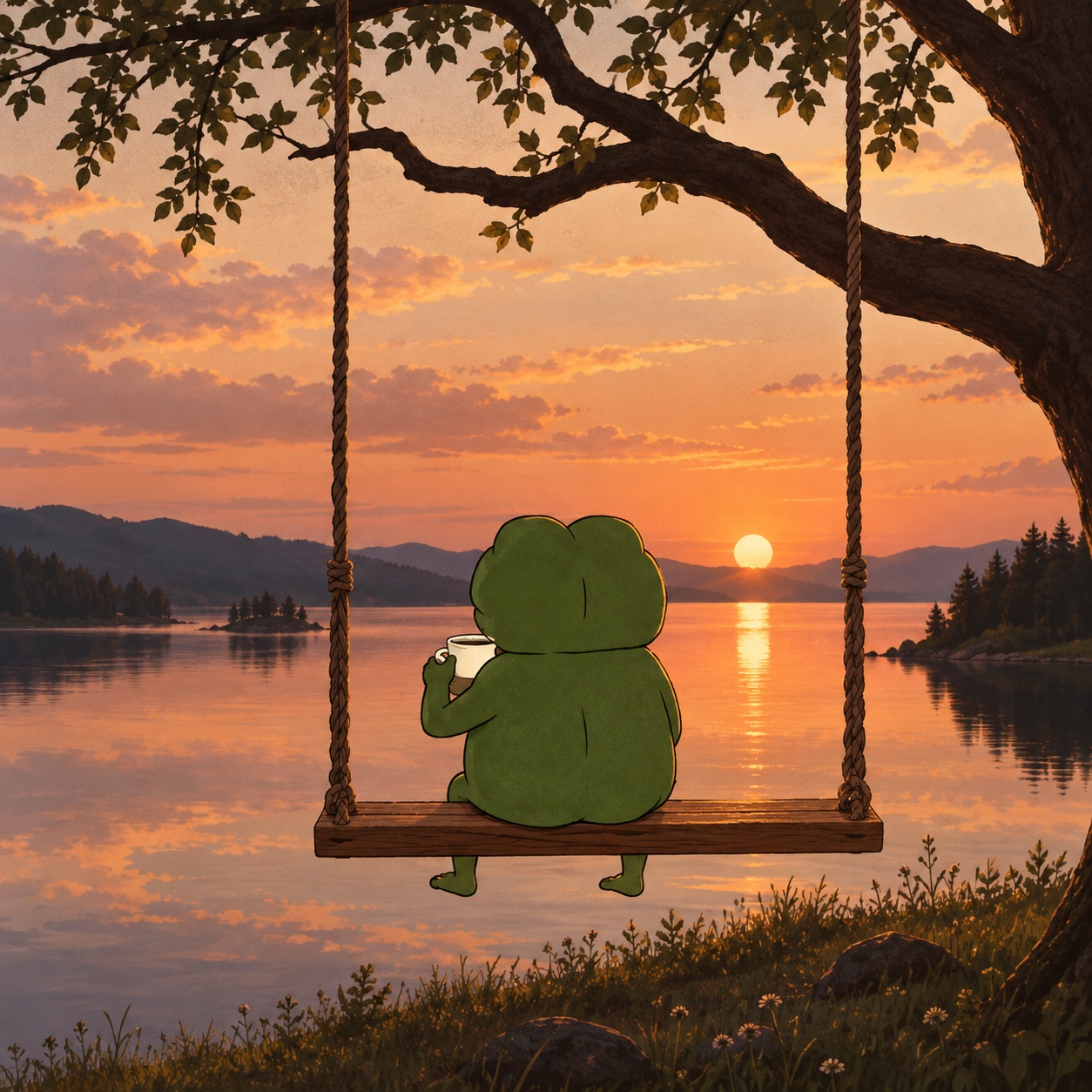 Personaje verde sentado en un columpio frente a un lago al atardecer.