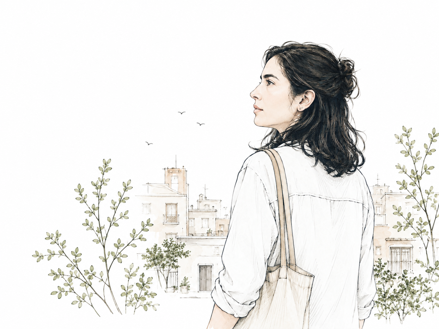 Ilustración de Sathya mirando hacia atrás, frente a una ciudad.
