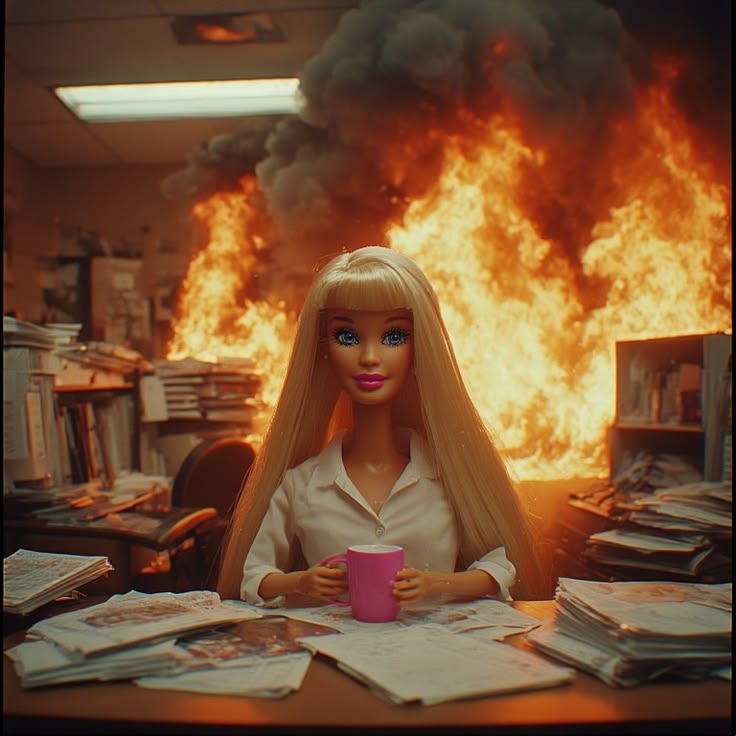 barbie calma con fuego atrás