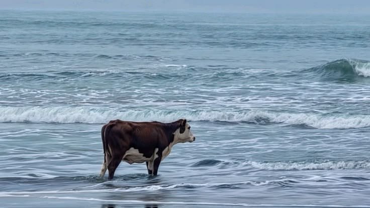 vaca pensativa en la playa